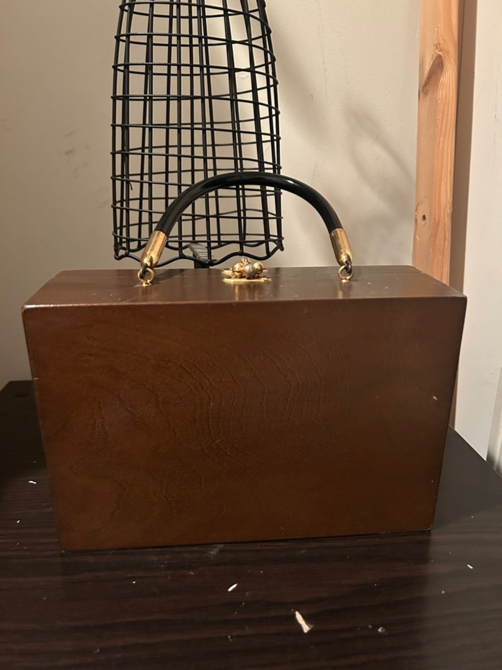 Vintage Wood Box Handbag with Black Handle and Gold Hardware